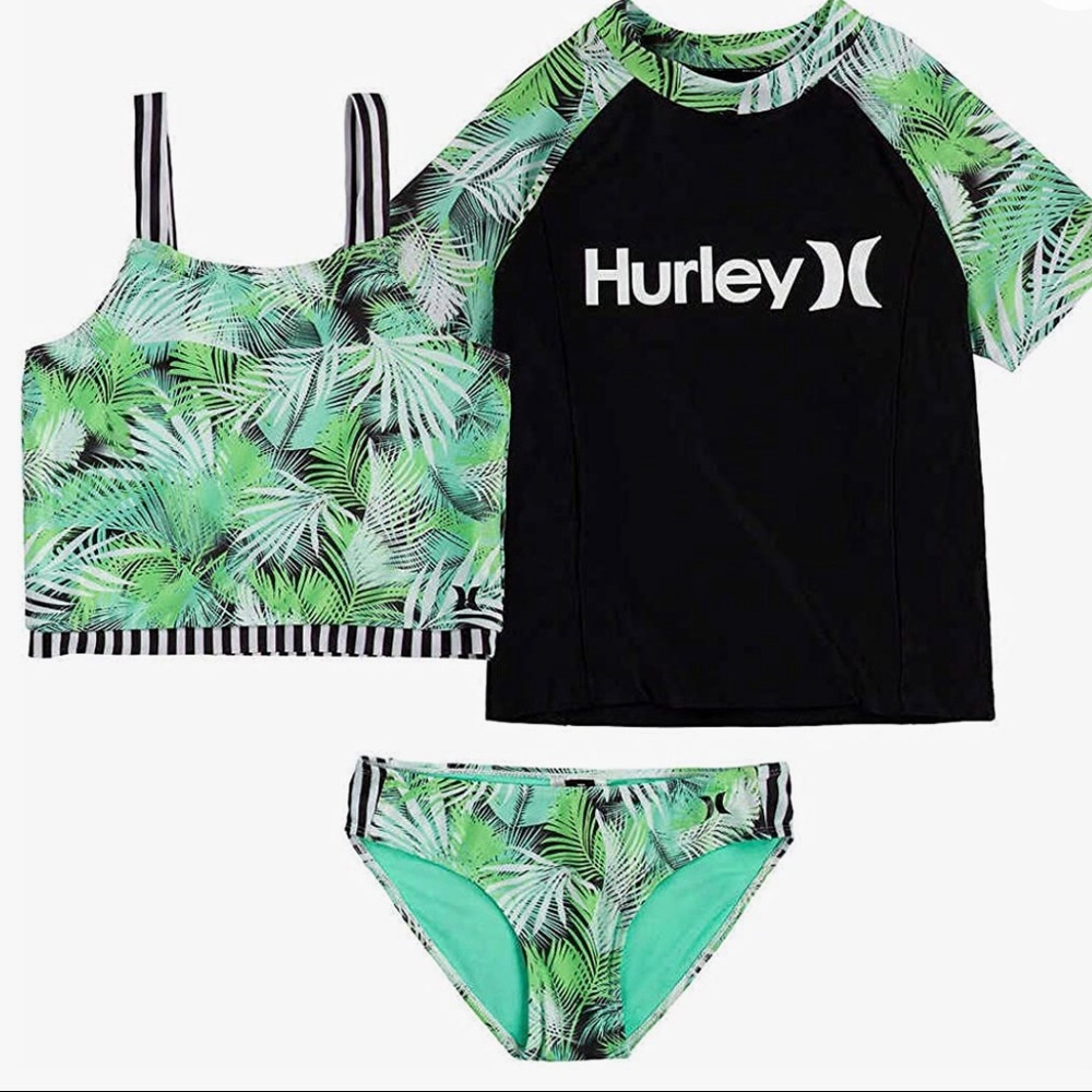 Hurley Girls Rashguard Tankini Tropical Swimsuit Set Sun Protection Cover Up NEW